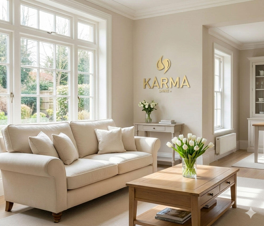 Strahlend sauberes Wohnzimmer mit frischen Blumen – Beispiel für unsere professionelle Wohnungsreinigung in Görlitz