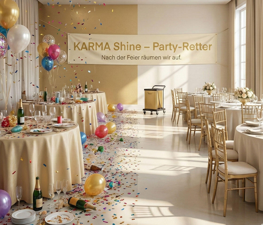 Partyreinigung und Eventreinigung in Görlitz – KARMA SHINE Festsaal mit Konfetti und Ballons nach einer Feier – Wir übernehmen die Reinigung nach Events und Partys in Görlitz für Sie