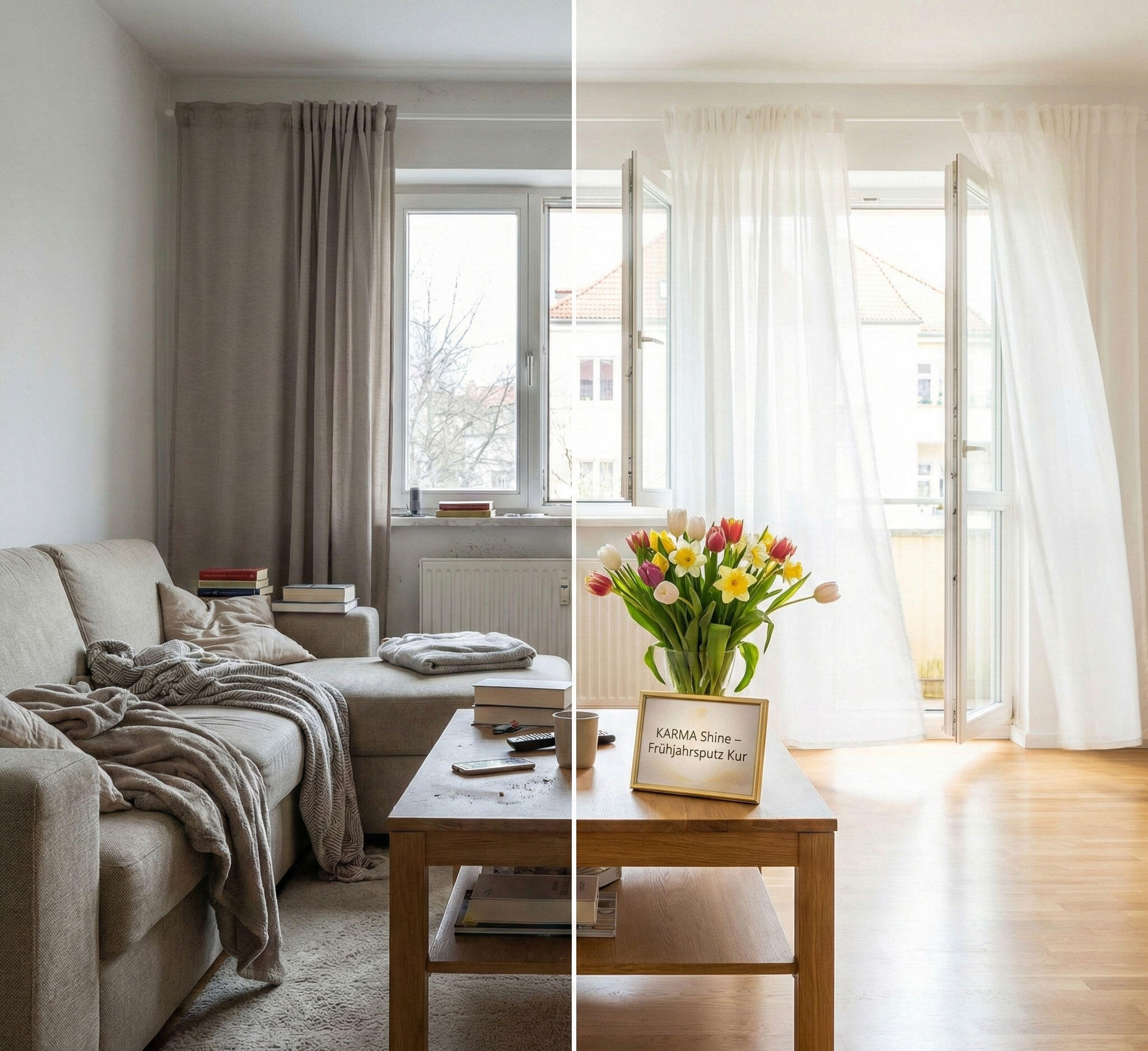 Frühjahrsputz und Intensivreinigung in Görlitz – KARMA SHINE Strahlend helles Wohnzimmer mit frischen Tulpen – Ihr Partner für den gründlichen Frühjahrsputz und die Grundreinigung in Görlitz