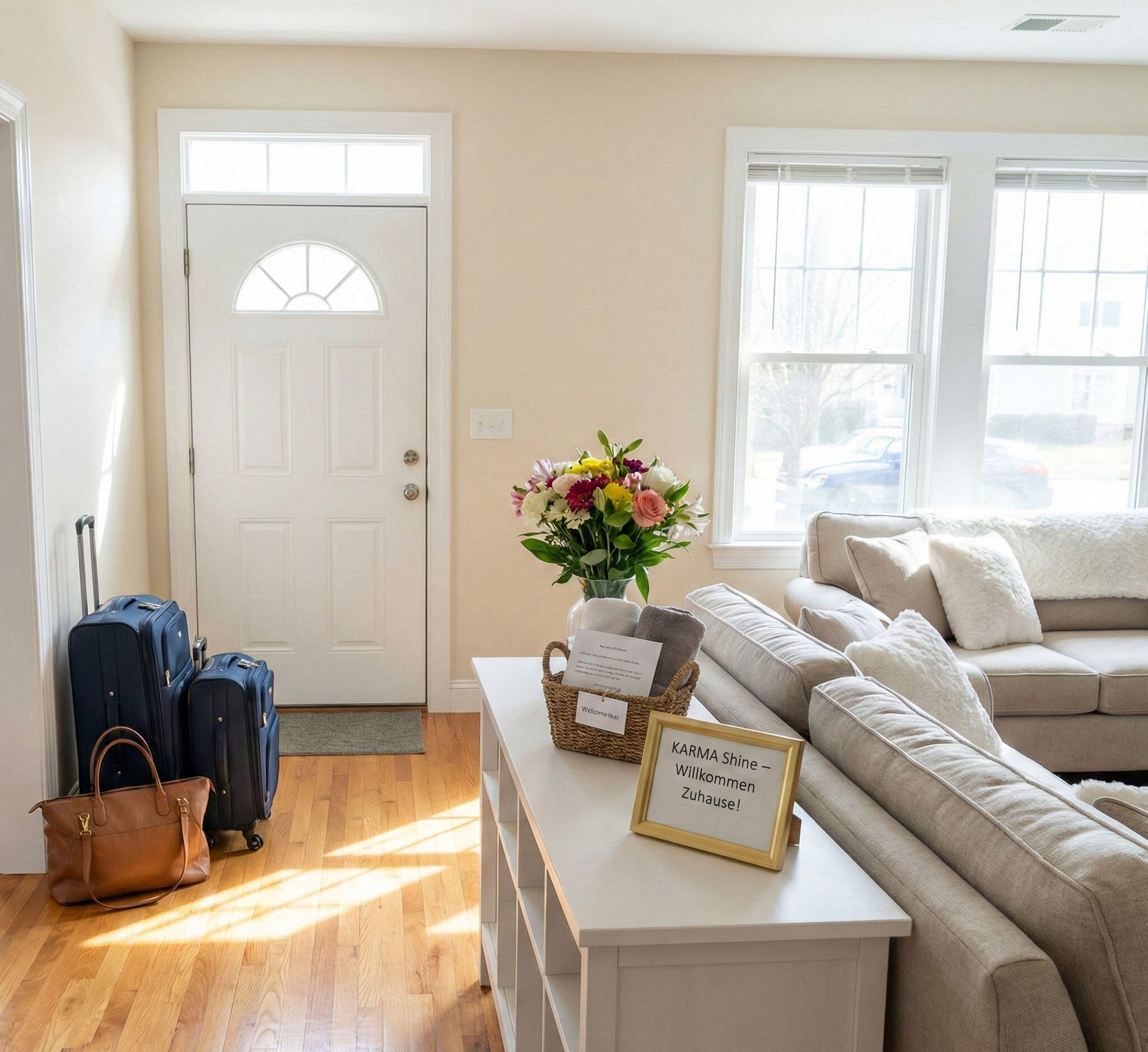 Urlaubsservice und Hausreinigung bei Abwesenheit in Görlitz – KARMA SHINE Gepackte Koffer und Willkommens-Korb im sauberen Flur – Unser Service für Ihre entspannte Rückkehr aus dem Urlaub in Görlitz